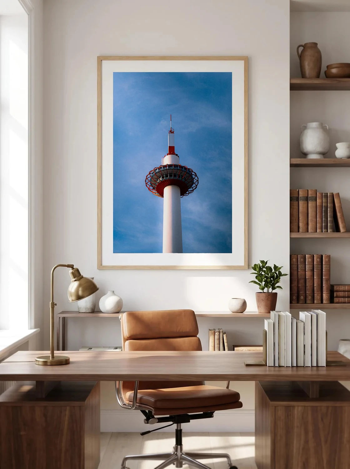 Kyoto Tower — Enzo Benzoni limited-edition print, framed in situ (office-desk)
