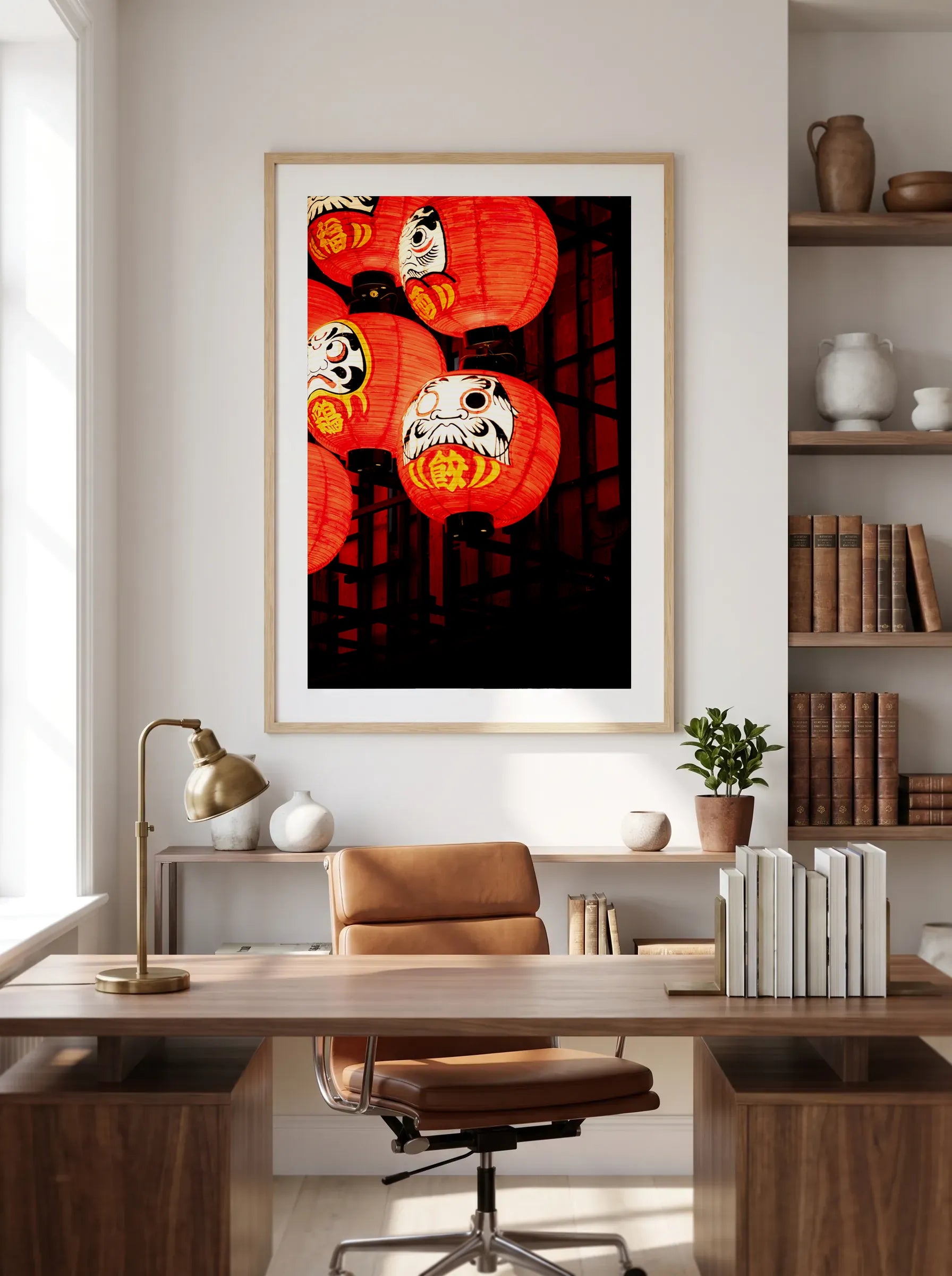 Osaka Daruma — Enzo Benzoni limited-edition print, framed in situ (office-desk)