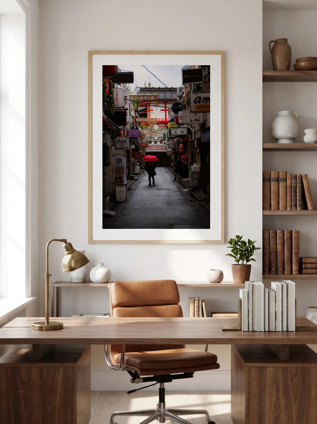 Rainy red — Enzo Benzoni limited-edition print, framed in situ (office-desk)
